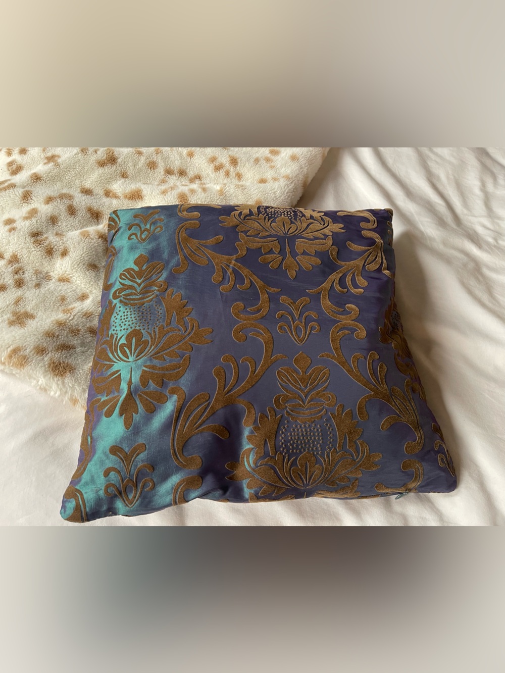 Blue Damask Decorative Pillow with Gold Pattern